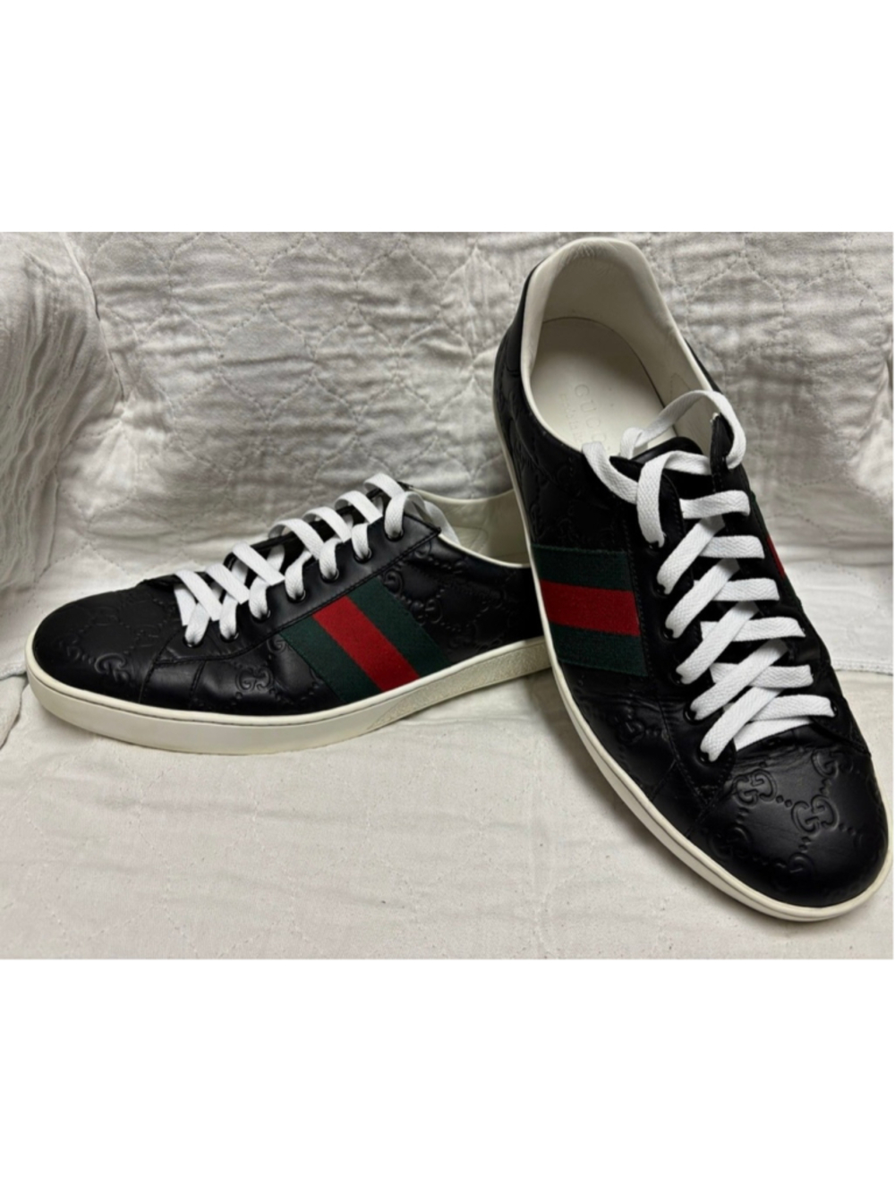 Men's Gucci Ace Sneakers in Black with Red and Green Web Stripe